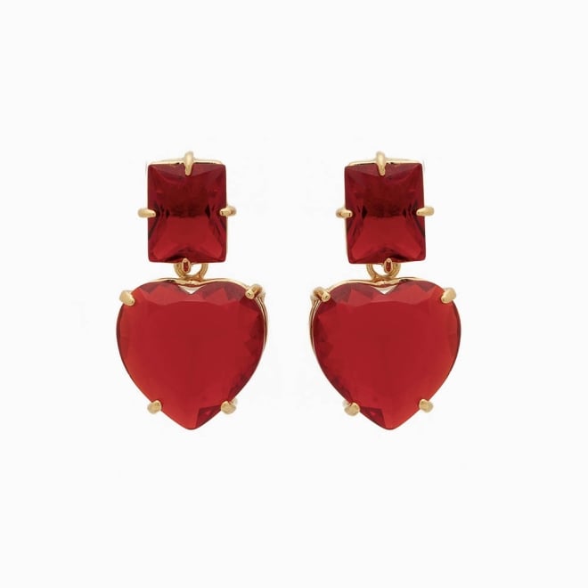 BR-00771 BRINCO BANHADO A OURO 18K COM PEDRA SUPERIOR EM FORMATO RETANGULAR E PINGENTE CORAÇÃO