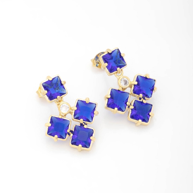 BR-00824 BRINCO BANHADO A OURO 18K LINHA LUXO COM PEDRAS EM FORMATO QUADRADO