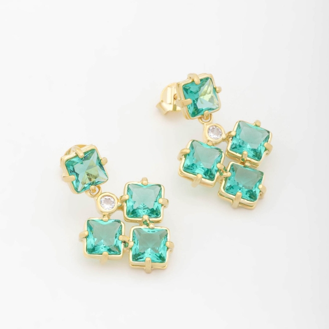 BR-00824 BRINCO BANHADO A OURO 18K LINHA LUXO COM PEDRAS EM FORMATO QUADRADO