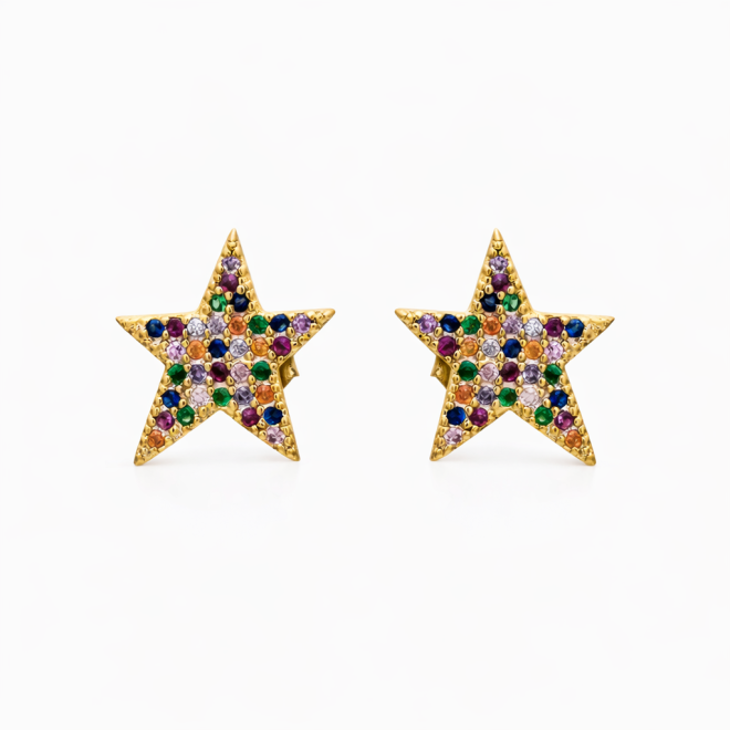 BR-00902 BRINCO BANHADO A OURO 18K EM FORMATO DE ESTRELA COM ZIRCÔNIAS