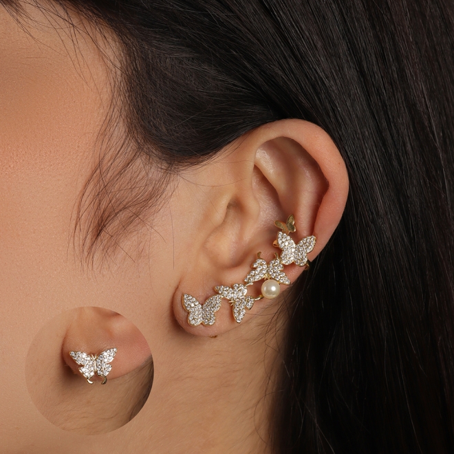 BR-01748-BRINCO EAR CUFF DE BORBOLETAS COM PÉROLA