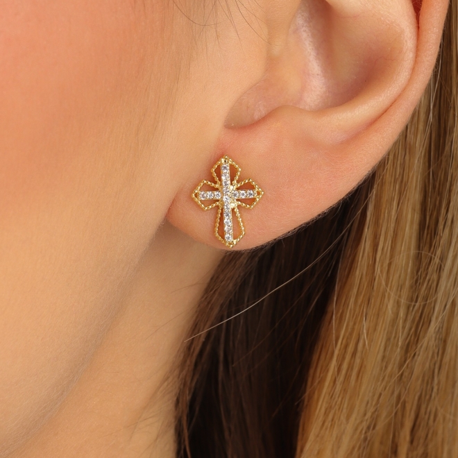 BR-02129 BRINCO BANHADO A OURO 18K DE CRUZ COM DETALHES CRAVEJADOS