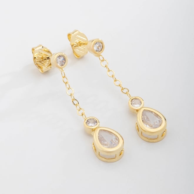 BR-02170 BRINCO BANHADO A OURO 18K COM ZIRCÔNIAS CRAVEJADAS E PEDRA EM FORMATO DE GOTA