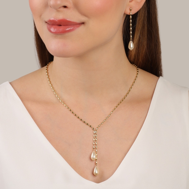 BR-02504 BRINCO BANHADO A OURO 18K COM CORRENTE EM ELOS ALONGADOS E PÉROLA
