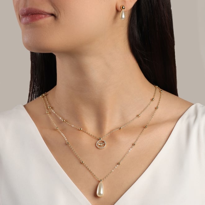 BR-02664 BRINCO BANHADO A OURO 18K COM PÉROLA EM FORMATO DE GOTA E DETALHE EM ESFERA
