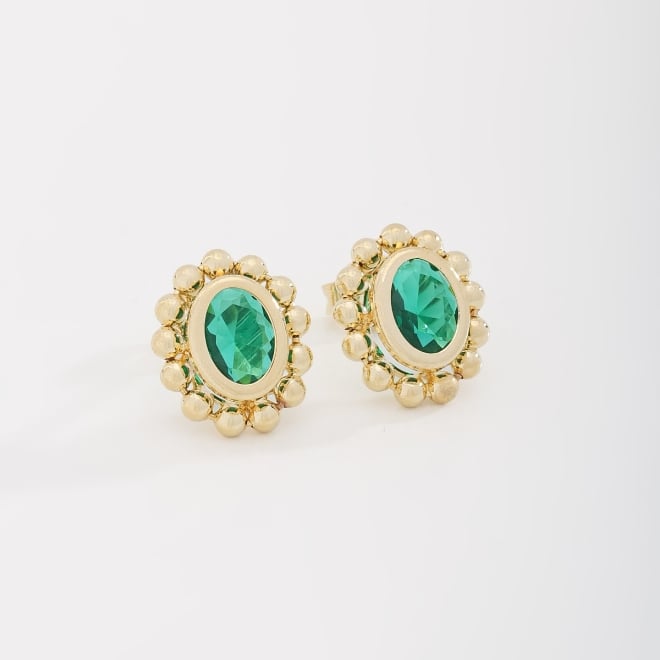 BR-02758 BRINCO BANHADO A OURO 18K COM PEDRA OVAL FACETADA E DETALHES EM ESFERAS AO REDOR