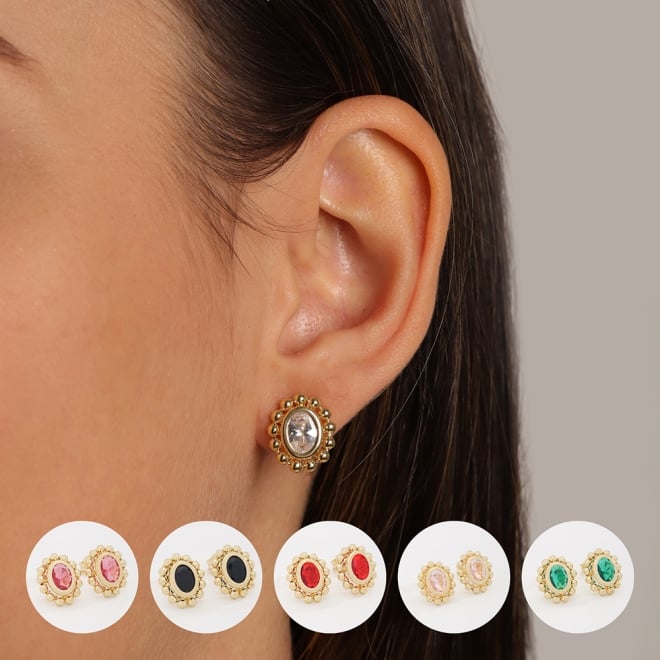 BR-02758 BRINCO BANHADO A OURO 18K COM PEDRA OVAL FACETADA E DETALHES EM ESFERAS AO REDOR