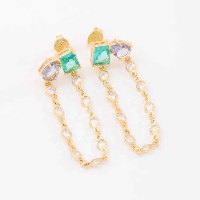 BR-02872 BRINCO BANHADO A OURO 18K COM PEDRAS EM ZIRCÔNIA COLORIDA E CORRENTE EM ZIRCÔNIAS.