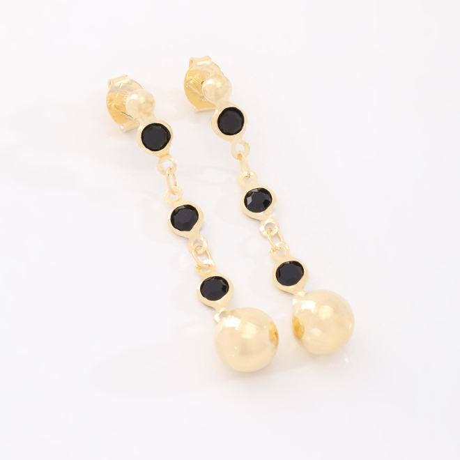 BR-03013 BRINCO BANHADO A OURO 18K COM DETALHES EM CRISTAIS REDONDOS E ESFERA NA PONTA