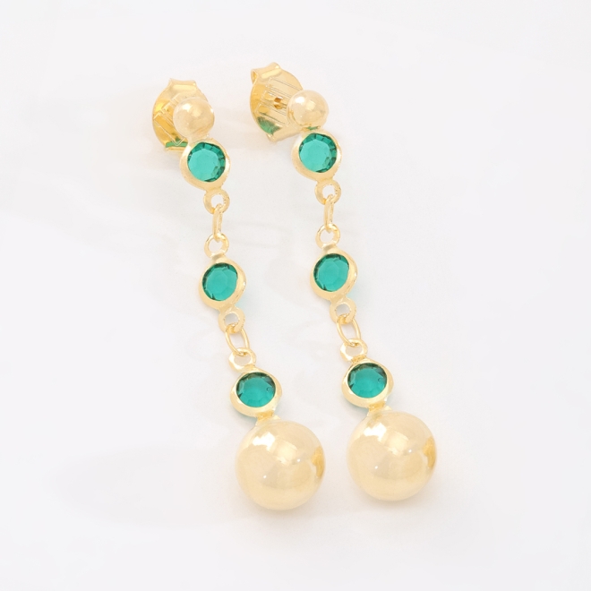 BR-03013 BRINCO BANHADO A OURO 18K COM DETALHES EM CRISTAIS REDONDOS E ESFERA NA PONTA