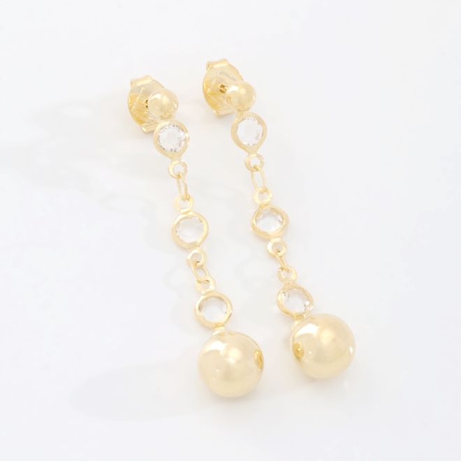 BR-03013 BRINCO BANHADO A OURO 18K COM DETALHES EM CRISTAIS REDONDOS E ESFERA NA PONTA