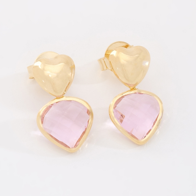 BR-03016 BRINCO BANHADO A OURO 18K COM TOPO EM FORMATO DE CORAÇÃO E PINGENTE DE CORAÇÃO