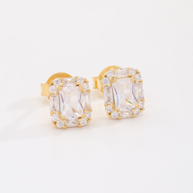 BR-03157-BRINCO BANHADO A OURO 18K RETANGULAR COM ZIRCÔNIA 