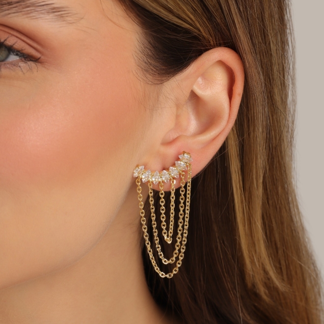 BR-03172 BRINCO BANHADO A OURO 18K COM DESIGN EAR CUFF EM ZIRCÔNIAS E CORRENTES MÚLTIPLAS