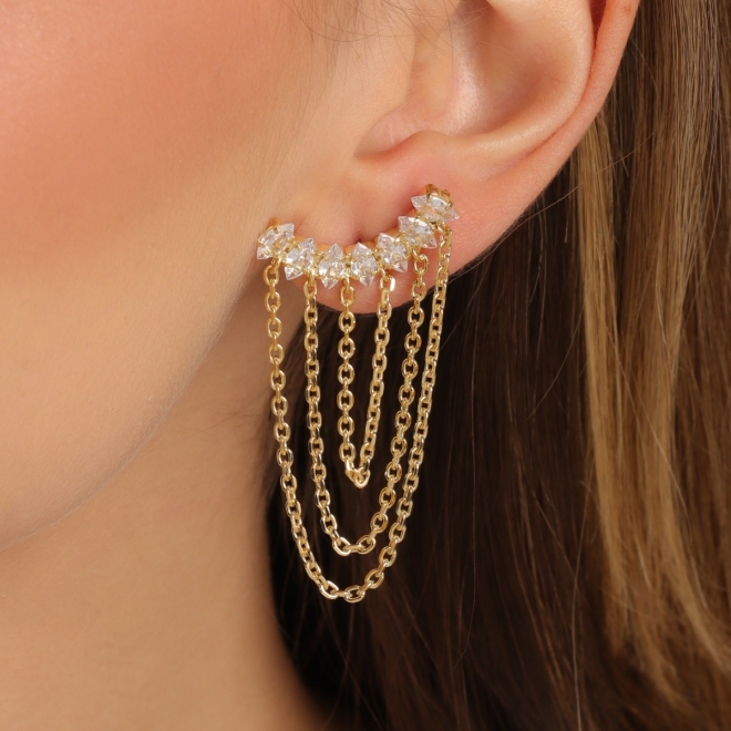 BR-03172 BRINCO BANHADO A OURO 18K COM DESIGN EAR CUFF EM ZIRCÔNIAS E CORRENTES MÚLTIPLAS