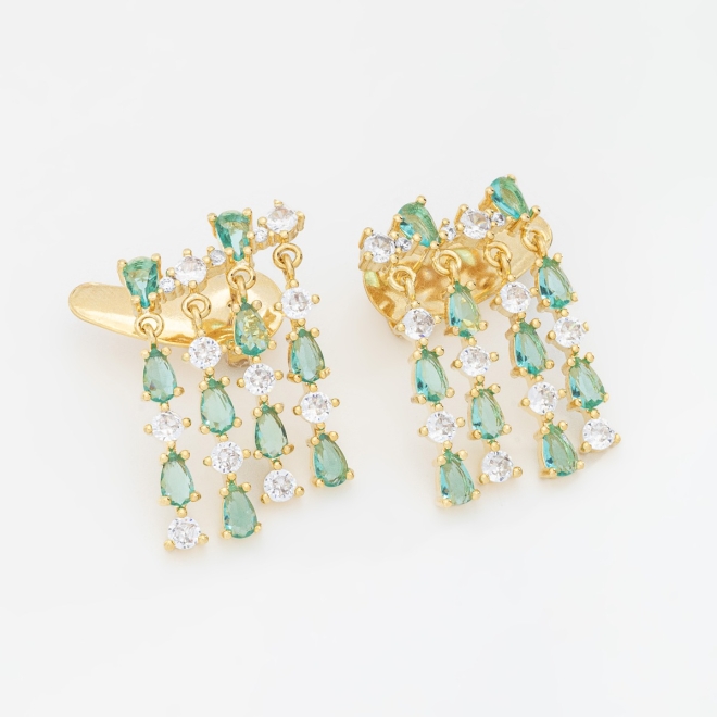 BX-0139 BRINCO BANHADO A OURO 18K DE EAR CUFF COM DETALHES PENDURADOS EM ZIRCÔNIAS E GOTAS