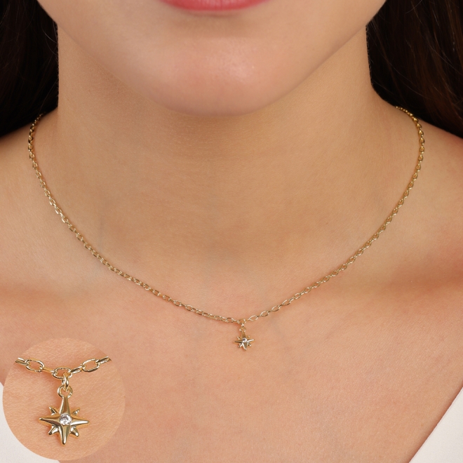 CH-0093 COLAR CHOKER BANHADO A OURO 18K COM CORRENTE ELO DELICADO E PINGENTE EM FORMATO DE ESTRELA