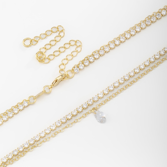 CH-0245 CHOKER DUPLA COM UM FIO DE MICRO ZIRCÔNIAS E PINGENTE EM FORMA DE GOTA