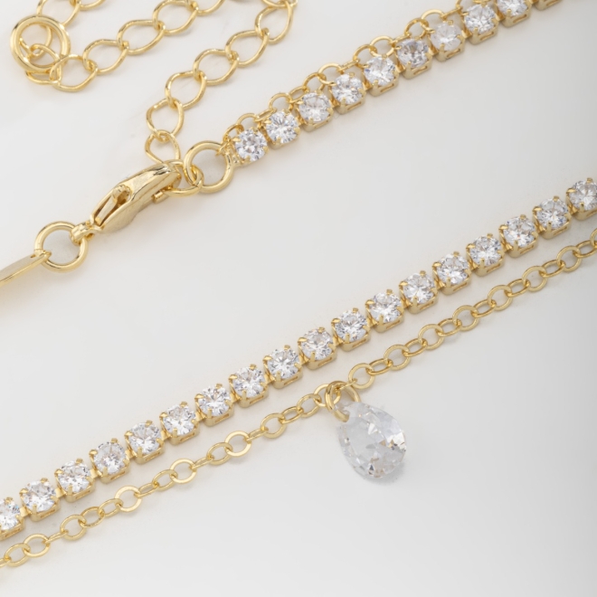 CH-0245 CHOKER DUPLA COM UM FIO DE MICRO ZIRCÔNIAS E PINGENTE EM FORMA DE GOTA