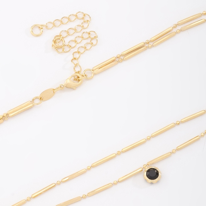 CH-0332 CHOKER DUPLO EM ELOS TUBULARES E PINGENTE DE PEDRA 
