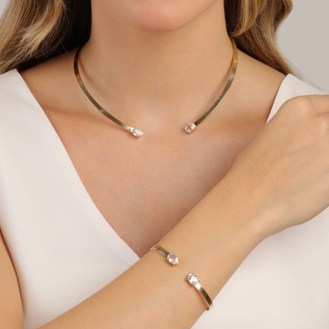 CH-0357 CHOKER ARO BANHADA A OURO 18K COM DESIGN RÍGIDO E ZIRCÔNIAS NAS EXTREMIDADES