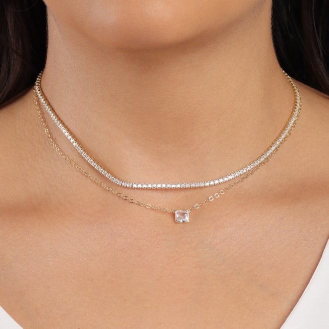 CH-0381 CHOKER DUPLO COM CORRENTE RIVIERA E OUTRA COM PINGENTE QUADRADO CRAVEJADO