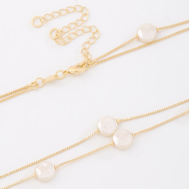 CH-0384 CHOKER BANHADA A OURO 18K COM CORRENTE DUPLA VENEZIANA E DETALHES EM PÉROLAS