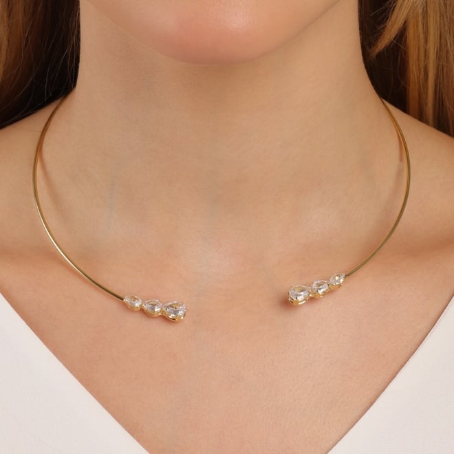 CH-0393 CHOKER ARO COM ZIRCÔNIAS GOTA E NAVETE BANHADA A OURO 18K