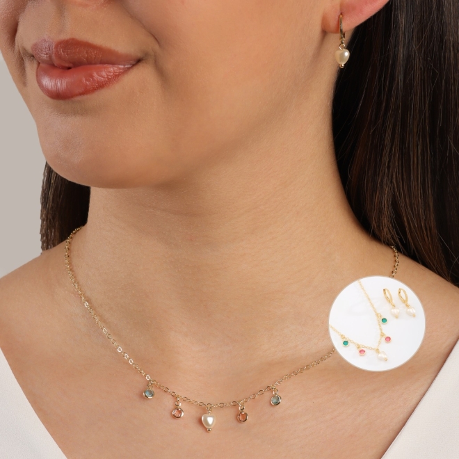 CI-00076 CONJUNTO EM PÉROLA DE CORAÇÃO E ZIRCÔNIAS COLORIDA 