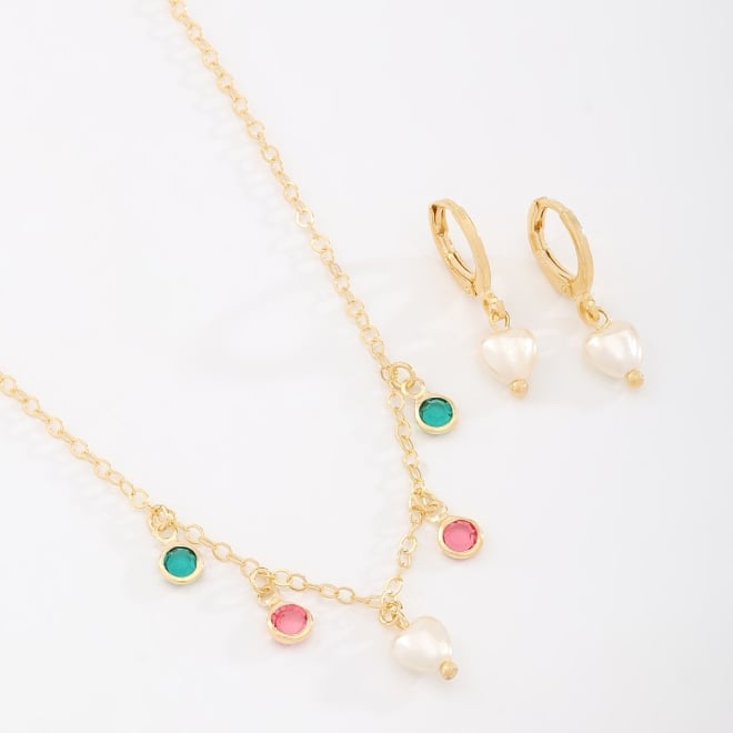 CI-00076 CONJUNTO EM PÉROLA DE CORAÇÃO E ZIRCÔNIAS COLORIDA 