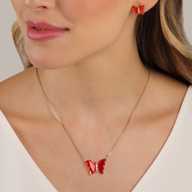 CJ-00012 CONJUNTO BANHADO A OURO 18K COM FORMATO DE BORBOLETA