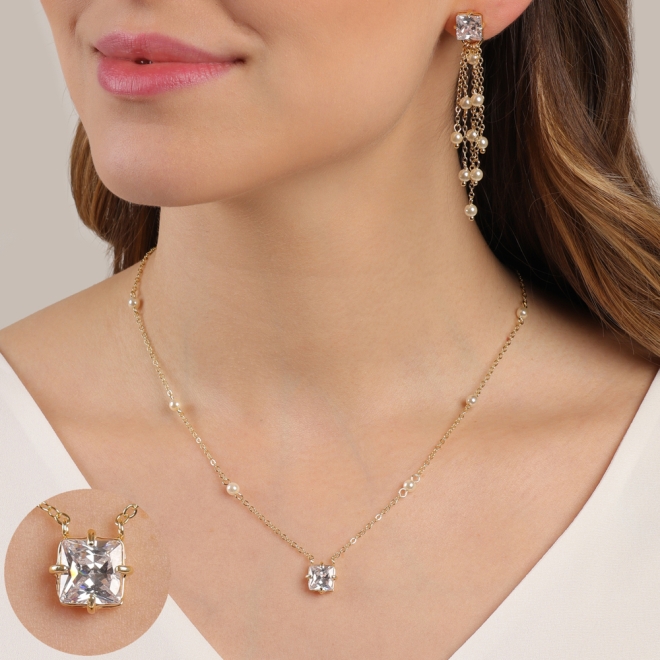 CJ-00030-CONJUNTO BANHADO A OURO 18K COM PEDRA EM ZIRCÔNIA LAPIDADA E DETALHES EM PÉROLAS