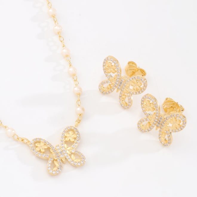CJ-00052 CONJUNTO BANHADO A OURO 18K COM DESIGN DE BORBOLETA