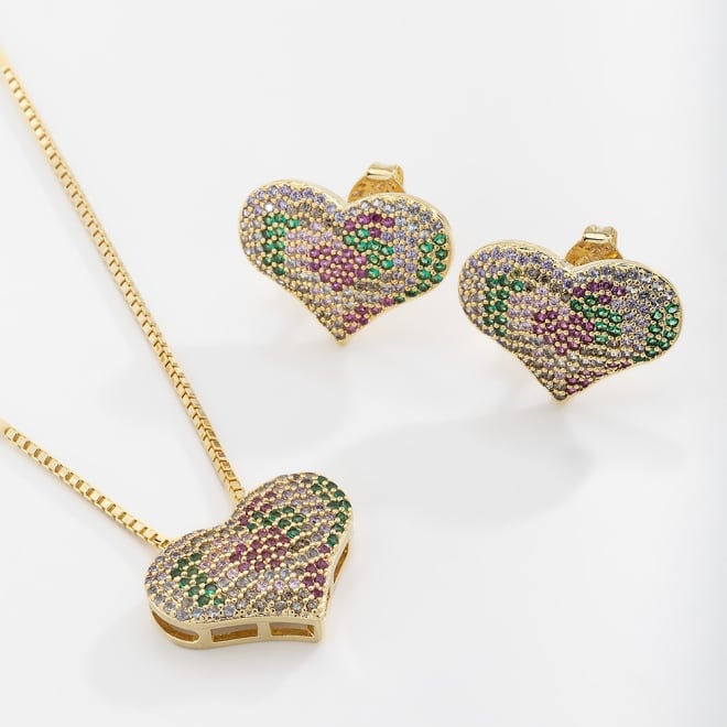 CJ-00096 CONJUNTO BANHADO A OURO 18K EM FORMATO DE CORAÇÃO CRAVEJADOS EM ZIRCÔNIAS