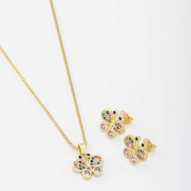 CJ-00142 CONJUNTO BANHADO A OURO 18K DE BORBOLETA CRAVEJADOS