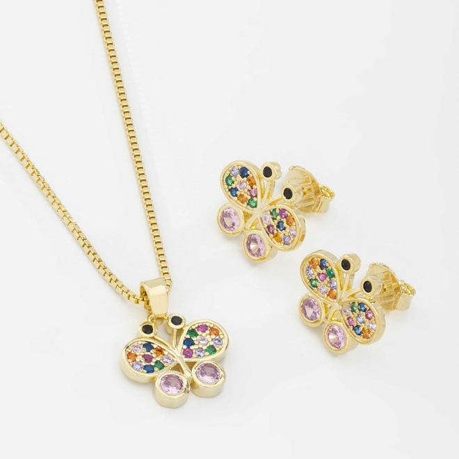 CJ-00142 CONJUNTO BANHADO A OURO 18K DE BORBOLETA CRAVEJADOS