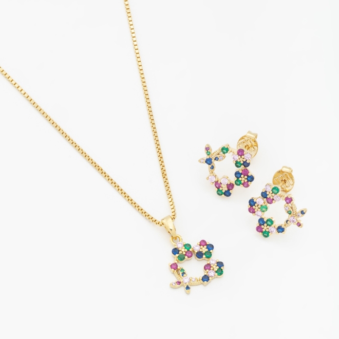 CJ-00143 CONJUNTO COROA FLORAL EM ZIRCÔNIAS