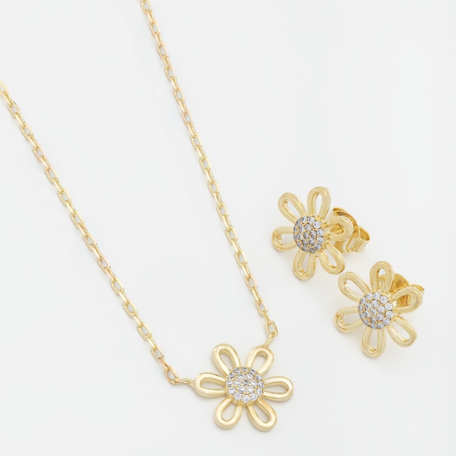 CJ-00222 CONJUNTO COM DESIGN  DE FLOR EM ZIRCÔNIAS