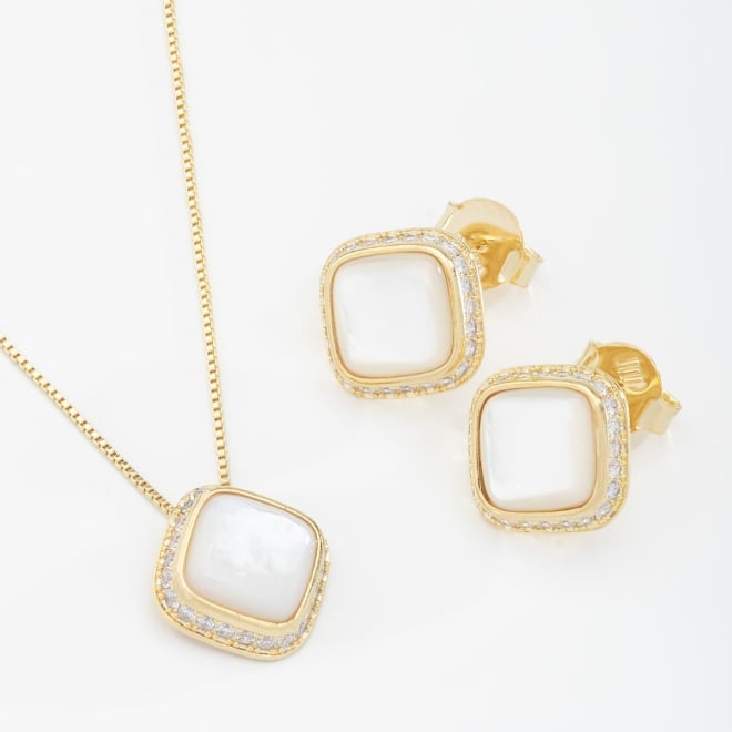CJ-00255 CONJUNTO BANHADO A OURO 18K MADREPÉROLA E DETALHES EM ZIRCÔNIAS