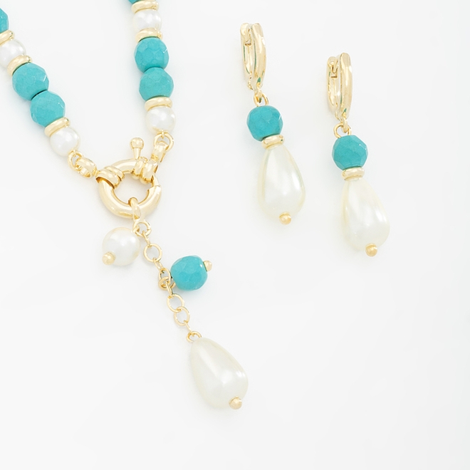 CJ-00278 CONJUNTO COM DETALHES EM TURQUESA E PÉROLAS