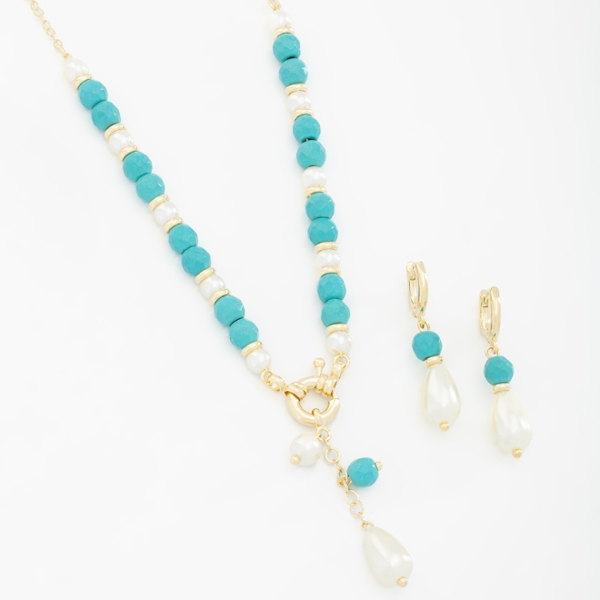 CJ-00278 CONJUNTO COM DETALHES EM TURQUESA E PÉROLAS