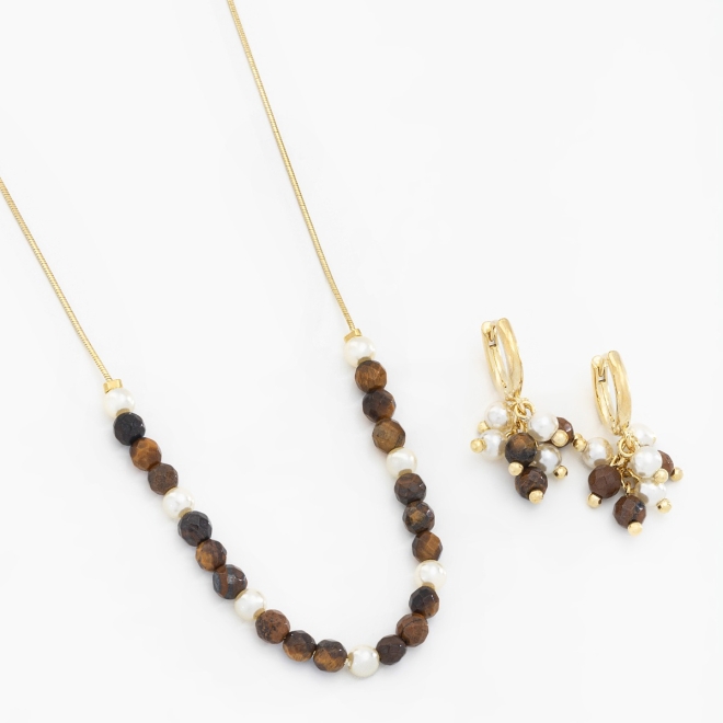 CJ-00285 CONJUNTO COM DETALHES EM PÉROLAS E PEDRAS NATURAIS