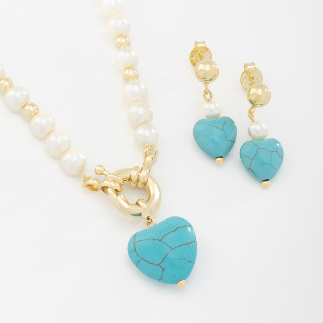 CJ-00288 CONJUNTO COM PÉROLAS E PEDRAS DE CORAÇÃO TURQUESA