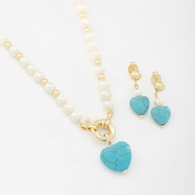 CJ-00288 CONJUNTO COM PÉROLAS E PEDRAS DE CORAÇÃO TURQUESA