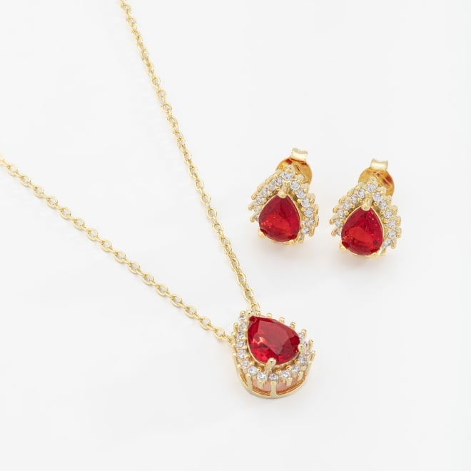 CJ-00294 CONJUNTO BANHADO A OURO 18K COM PEDRA EM FORMATO DE GOTA E DETALHES EM ZIRCÔNIAS
