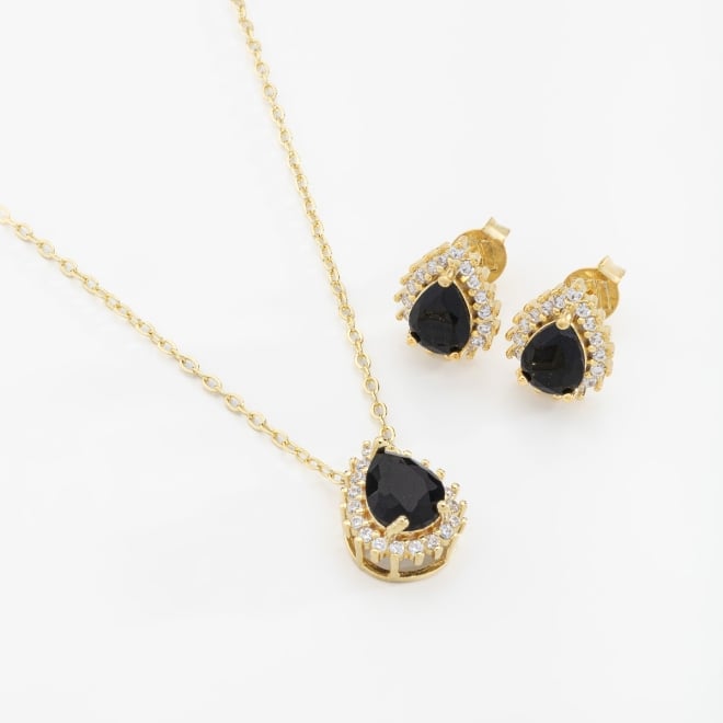 CJ-00294 CONJUNTO BANHADO A OURO 18K COM PEDRA EM FORMATO DE GOTA E DETALHES EM ZIRCÔNIAS