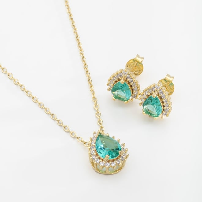 CJ-00294 CONJUNTO BANHADO A OURO 18K COM PEDRA EM FORMATO DE GOTA E DETALHES EM ZIRCÔNIAS