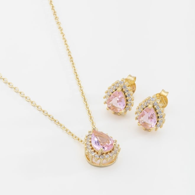 CJ-00294 CONJUNTO BANHADO A OURO 18K COM PEDRA EM FORMATO DE GOTA E DETALHES EM ZIRCÔNIAS