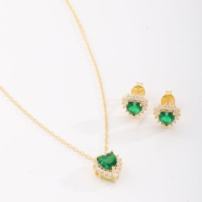 CJ-00295 CONJUNTO BANHADO A OURO 18K COM PEDRA EM FORMATO DE CORAÇÃO E DETALHES EM ZIRCÔNIAS