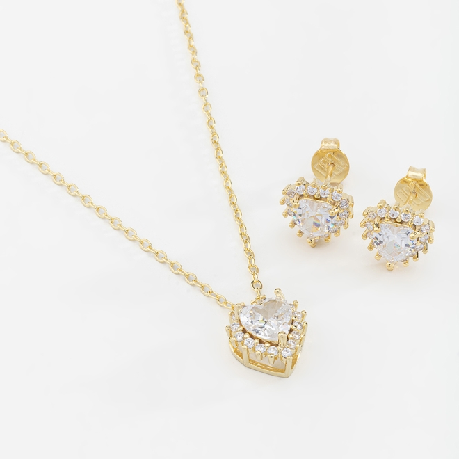 CJ-00295 CONJUNTO BANHADO A OURO 18K COM PEDRA EM FORMATO DE CORAÇÃO E DETALHES EM ZIRCÔNIAS